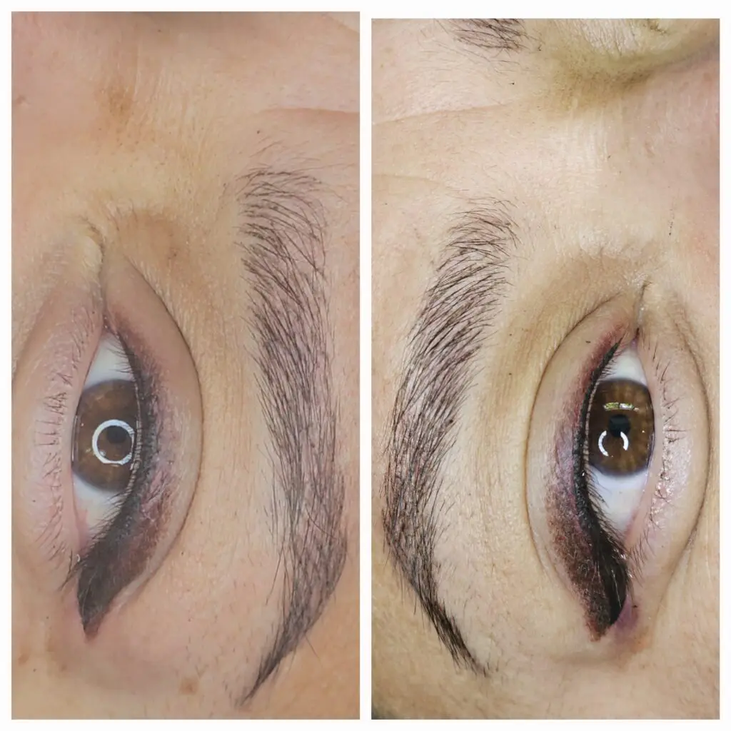 Before and after comparison of eyebrow microblading or tattooing showing fuller and more defined eyebrows.