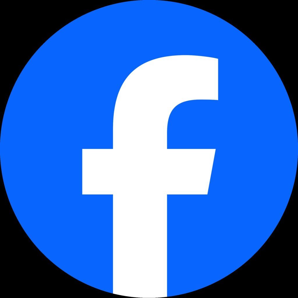 Facebook logo on a blue circular background.