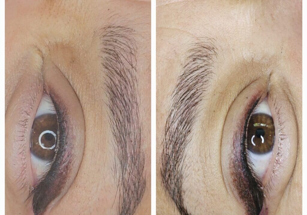 Before and after comparison of eyebrow microblading or tattooing showing fuller and more defined eyebrows.