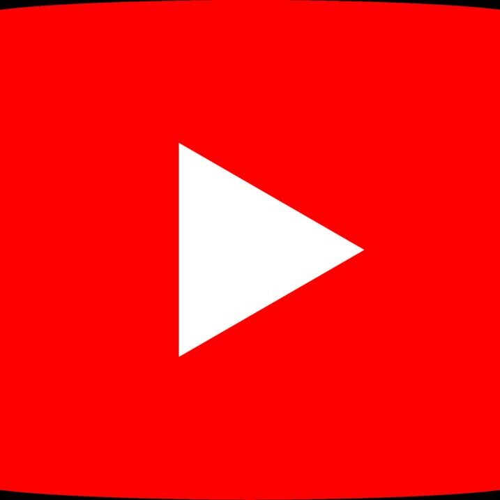 Red play button with white triangle icon.