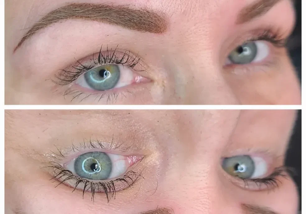 Close-up comparison of eyebrows and eyelashes before and after grooming or makeup application on blue eyes.